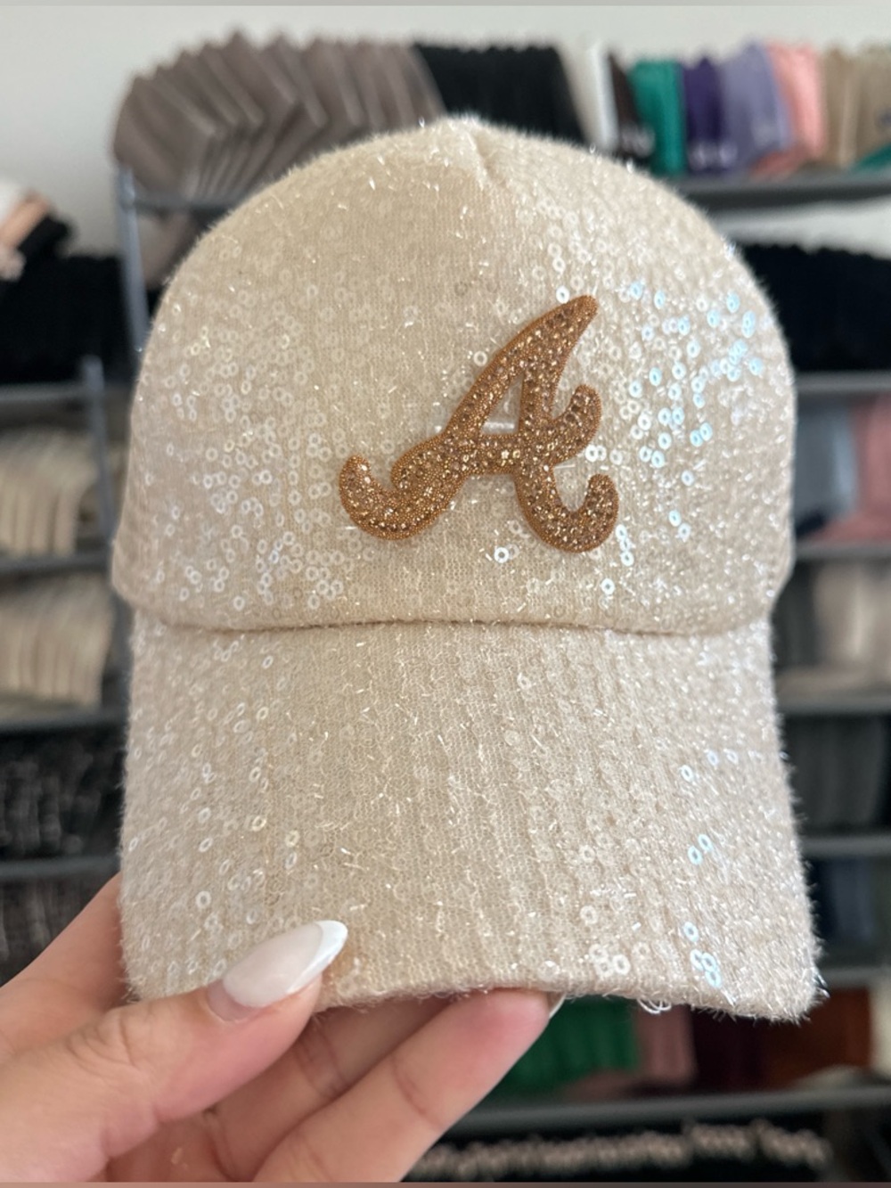 Sequin Embellished Cream Baseball Cap with Gold Atlanta Rhinestone Accent
